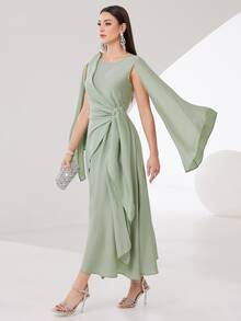Modelyn Cloak Sleeve Knot Side Green Modest Dress Long Evening Dresses - Mint Green - View 7