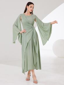 Modelyn Cloak Sleeve Knot Side Green Modest Dress Long Evening Dresses - Mint Green - View 4