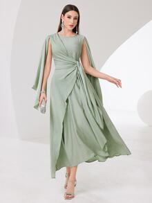 Modelyn Cloak Sleeve Knot Side Green Modest Dress Long Evening Dresses - Mint Green - View 2