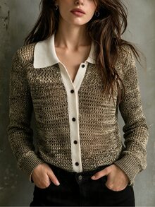 SHEIN 女款領口對比飾邊混色針織開襟外套，復古拼色翻領前扣式 L 號 - 彩色 - 查看 8