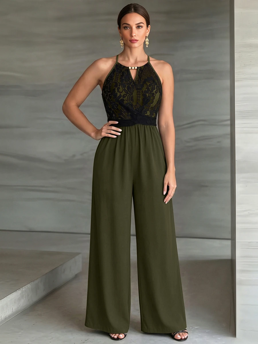 SHEIN LUNE CURVE Plus Size Women's Spring/Summer Colorblock Lace Patchwork Elegant Fluffy Cocktail Party Formal Jumpsuit Black Halloween - Army Green - View 1