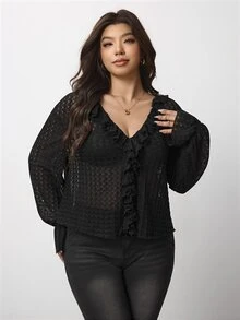 Enliva Plus-Size Women's Knit Jacquard Bell-Sleeve Black Blouse, Elegant Apple,Rounded Body - Black - View 7