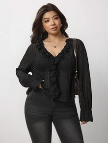 Enliva Plus-Size Women's Knit Jacquard Bell-Sleeve Black Blouse, Elegant Apple,Rounded Body - Black - View 1
