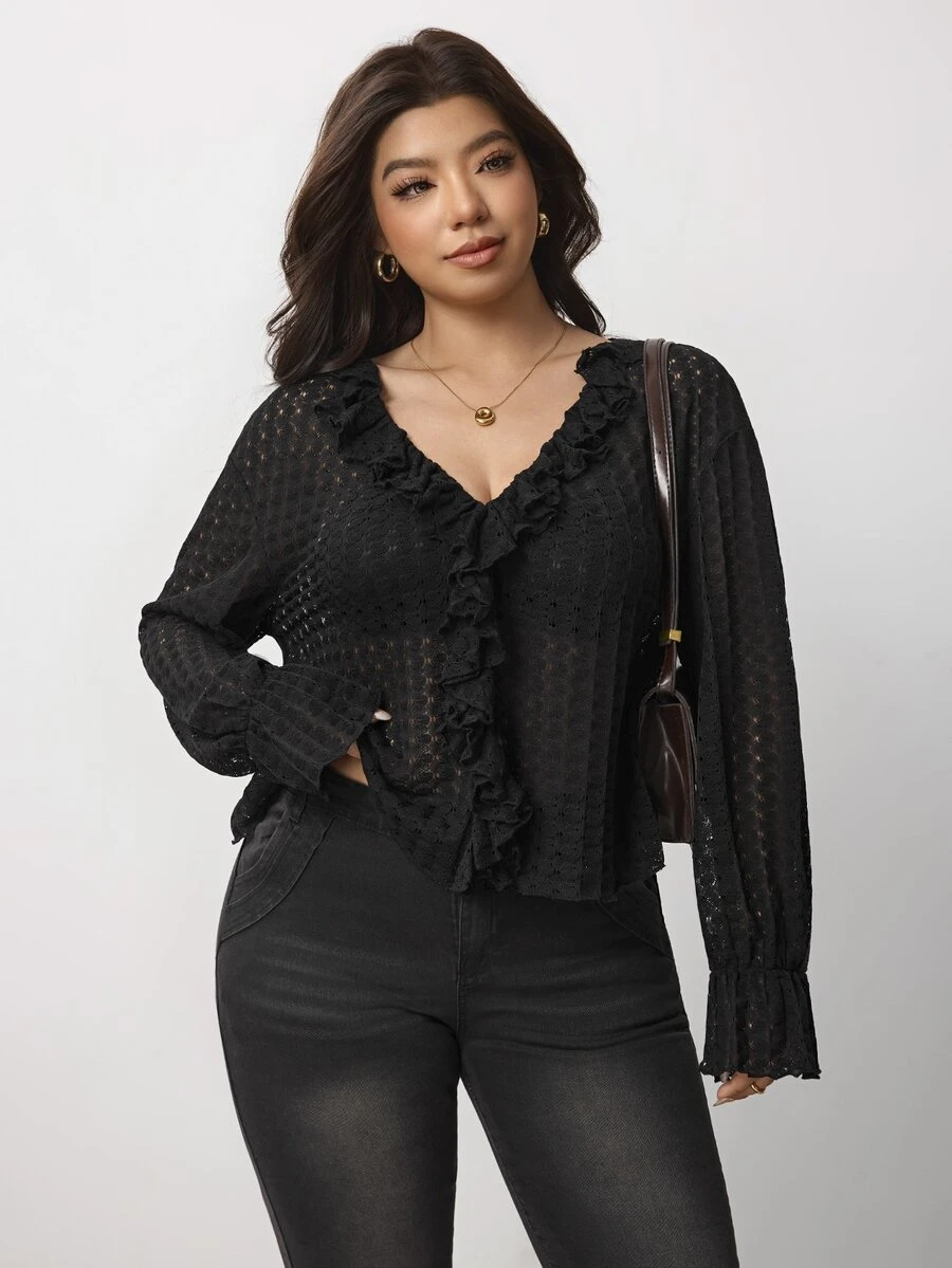 Enliva Plus-Size Women's Knit Jacquard Bell-Sleeve Black Blouse, Elegant Apple,Rounded Body - Black - View 1
