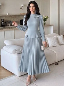 Modelyn Women's 3D Floral Decor Pleated Casual Party Long Dress - Blue - View 1
