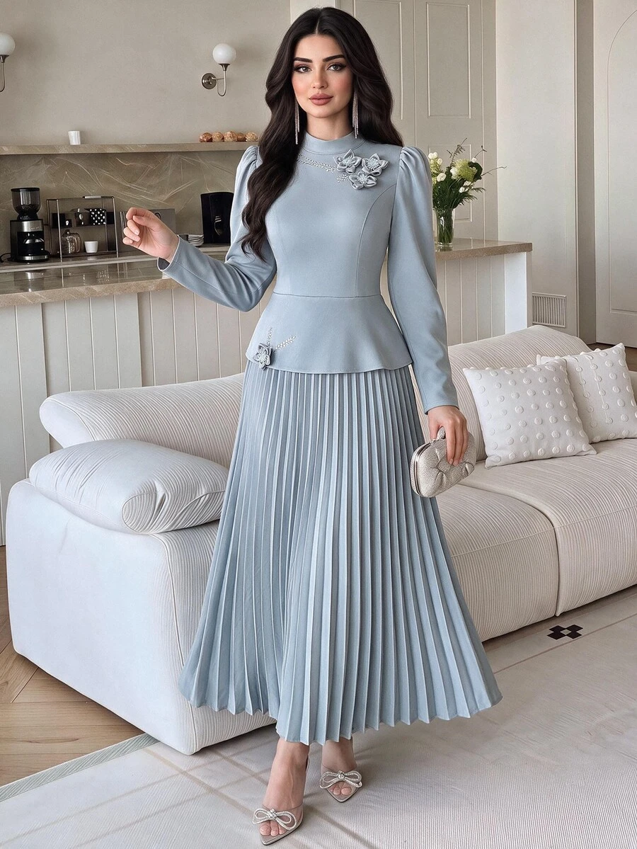 Modelyn Women's 3D Floral Decor Pleated Casual Party Long Dress - Blue - View 1