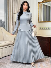 Modelyn Women's 3D Floral Decor Pleated Casual Party Long Dress - Blue - View 6
