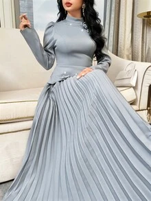 Modelyn Women's 3D Floral Decor Pleated Casual Party Long Dress - Blue - View 5