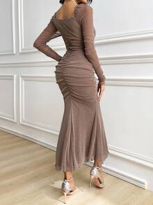 Modelyn 1pc Women Elegant Sexy Mermaid Hem Long Sleeve Dress Night Out Coffee Brown Autumn - Khaki - View 8