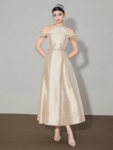 Modelyn Round Neck, Off Shoulder Sleeve, Rhinestone Decor, A-Line Waist, Elegant Party Mid-Length Dress - Apricot - View 5