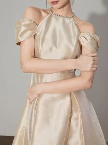 Modelyn Round Neck, Off Shoulder Sleeve, Rhinestone Decor, A-Line Waist, Elegant Party Mid-Length Dress - Apricot - View 4