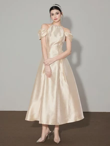 Modelyn Round Neck, Off Shoulder Sleeve, Rhinestone Decor, A-Line Waist, Elegant Party Mid-Length Dress - Apricot - View 2
