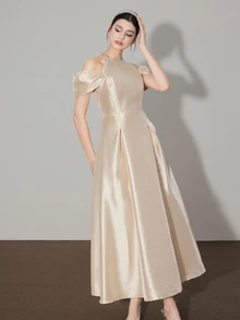 Modelyn Round Neck, Off Shoulder Sleeve, Rhinestone Decor, A-Line Waist, Elegant Party Mid-Length Dress - Apricot - View 6