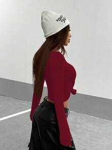 Flirla 女款休閒性感舒適柔軟長袖T恤，秋季夜店百搭酒紅色 - 酒紅色 - 查看 2