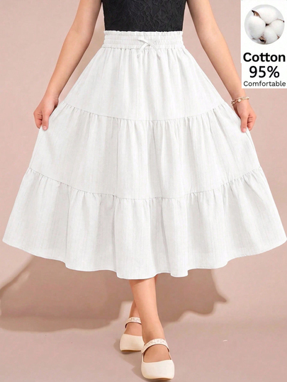 Tween Girls' Spring/Summer Casual Tween Girl Kids Elegant Loose College Style Patchwork Hem Long Woven Jacquard Pleated Waist Skirt Tween Girl
