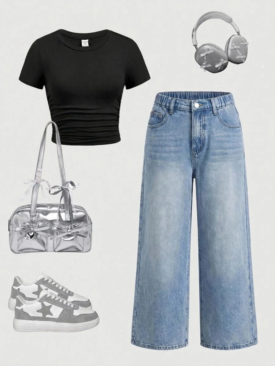 SHEIN Girlism Teen Girl Wide Leg Loose Casual Versatile Denim Jeans With Pockets - Medium Wash - View 1