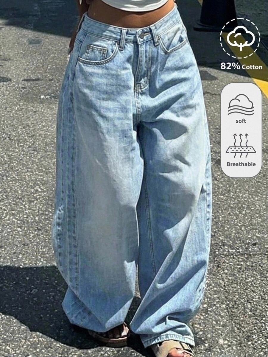 SHEIN Girlism 青少年女孩寬腿寬鬆休閒百搭牛仔褲,附口袋 - 中等水洗藍 - 查看 1