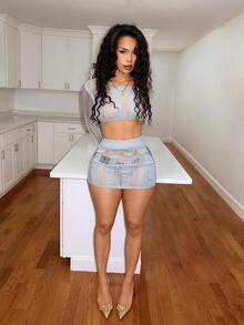 BamGleam Women's Distressed Long Sleeve Sweater And Knit Skirt 2 Pieces Set - Light Grey - View 6
