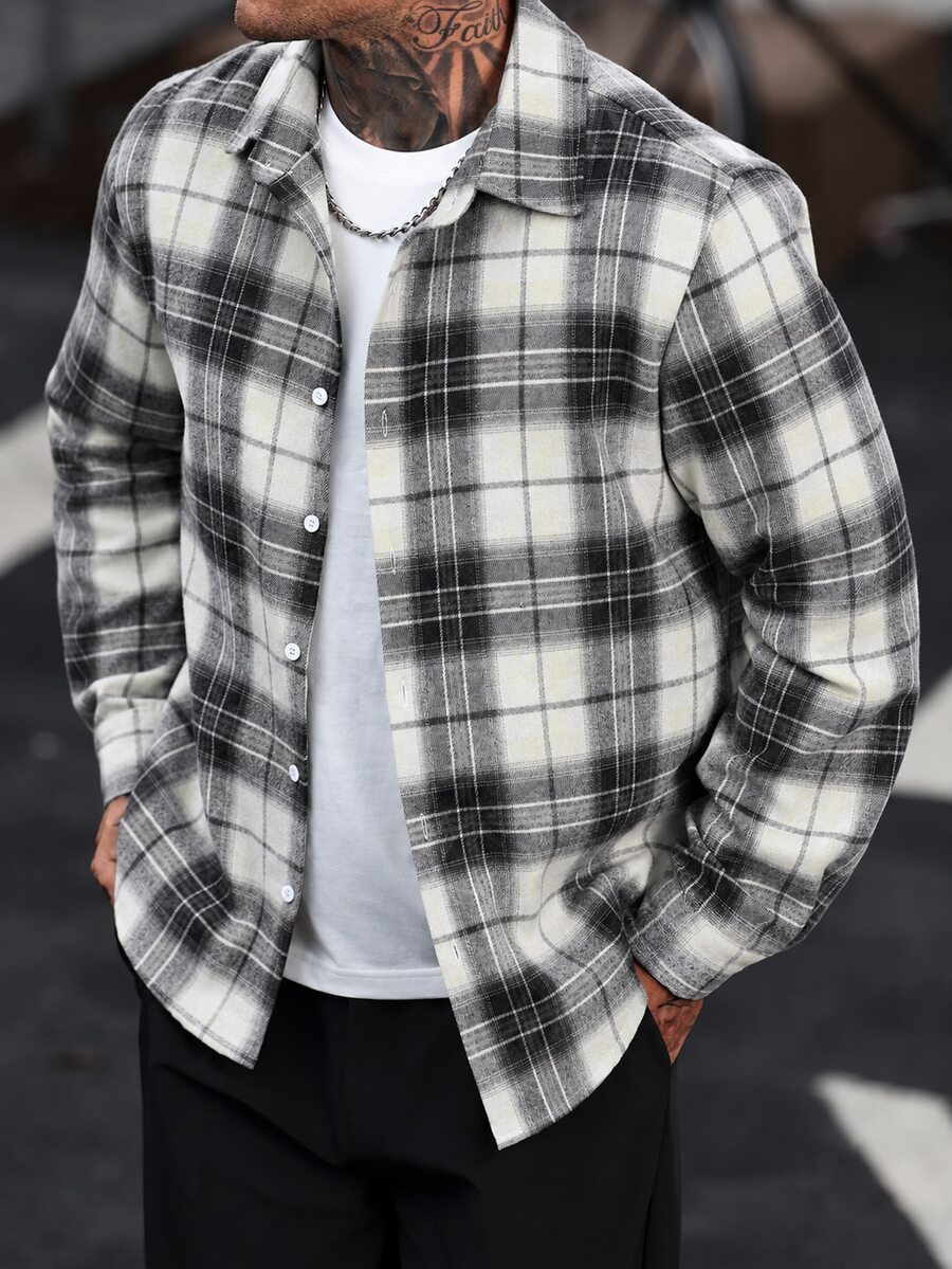 Manfinity CasualCool Men's Casual Fashion Single-Breasted Plaid Long Sleeve Shirt - Multicolor - View 1