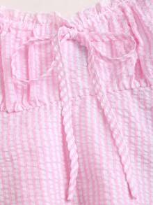 Sweetra Spring/Summer Fashion Outfit, French Sweet Puff Sleeve Striped Blouse & Loose Straight Leg Pants, Women 2 Pieces Set - Pink - View 6