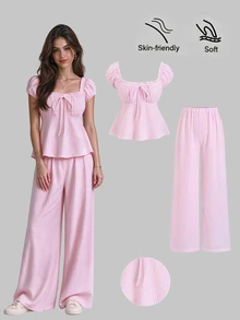 Sweetra Spring/Summer Fashion Outfit, French Sweet Puff Sleeve Striped Blouse & Loose Straight Leg Pants, Women 2 Pieces Set - Pink - View 3