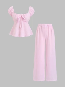 Sweetra Spring/Summer Fashion Outfit, French Sweet Puff Sleeve Striped Blouse & Loose Straight Leg Pants, Women 2 Pieces Set - Pink - View 1