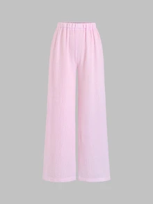 Sweetra Spring/Summer Fashion Outfit, French Sweet Puff Sleeve Striped Blouse & Loose Straight Leg Pants, Women 2 Pieces Set - Pink - View 5