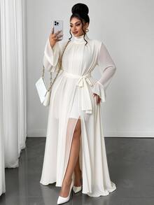 Maweii Plus Size Semi-High Neck Chiffon Long Dress, Ruched Draped Collar, Flared Sleeves, Tie Waist, Slit Hem, White Fall Party Dinner A Line Elegant - Beige - View 1