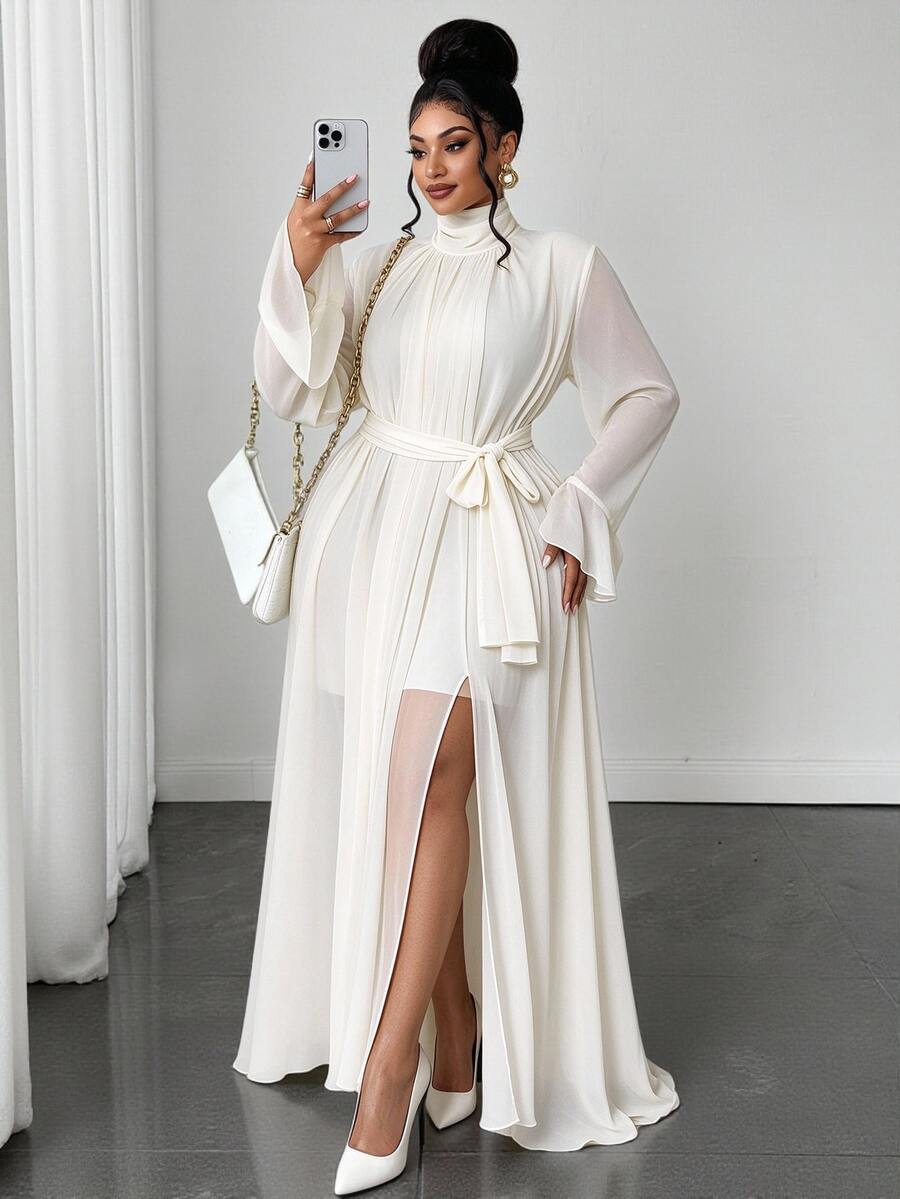 Maweii Plus Size Semi-High Neck Chiffon Long Dress, Ruched Draped Collar, Flared Sleeves, Tie Waist, Slit Hem, White Fall Party Dinner A Line Elegant - Beige - View 1
