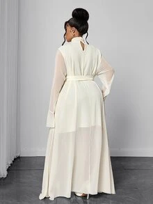 Maweii Plus Size Semi-High Neck Chiffon Long Dress, Ruched Draped Collar, Flared Sleeves, Tie Waist, Slit Hem, White Fall Party Dinner A Line Elegant - Beige - View 3