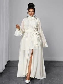 Maweii Plus Size Semi-High Neck Chiffon Long Dress, Ruched Draped Collar, Flared Sleeves, Tie Waist, Slit Hem, White Fall Party Dinner A Line Elegant - Beige - View 2