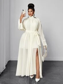 Maweii Plus Size Semi-High Neck Chiffon Long Dress, Ruched Draped Collar, Flared Sleeves, Tie Waist, Slit Hem, White Fall Party Dinner A Line Elegant - Beige - View 5