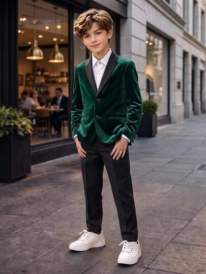 SHEIN 2er/Set Kinder Tween Jungen Sommer Frühling Herbst Winter Academy Stil süß lässig grüner Anzug Jacke Weste lässige lange Hose Gentleman Outfit 3-teiliges Set geeignet für Geburtstagsparty, formelle Hose Set, Abendparty, Aufführung, Hochzeit, Weihnachten