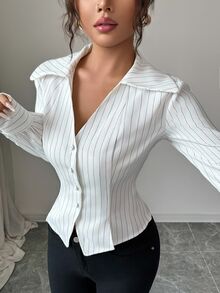 Rafferiza 女式法式竖条纹长袖单排扣开衫衬衫 - 白色 - 查看 4