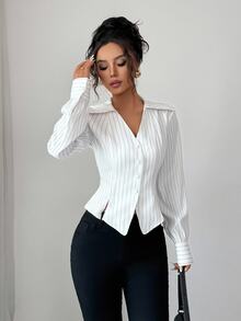 Rafferiza 女式法式竖条纹长袖单排扣开衫衬衫 - 白色 - 查看 6