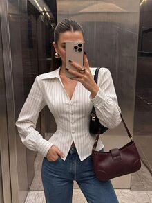 Rafferiza 女式法式竖条纹长袖单排扣开衫衬衫 - 白色 - 查看 2