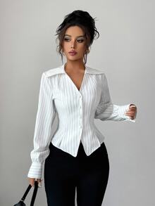 Rafferiza 女式法式竖条纹长袖单排扣开衫衬衫 - 白色 - 查看 5