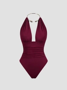 Sweetra Women's Metal Lock Necklace Choker, Suitable For Casual Vacation, Backless Bodysuit, Spring/Summer - Burgundy - View 3