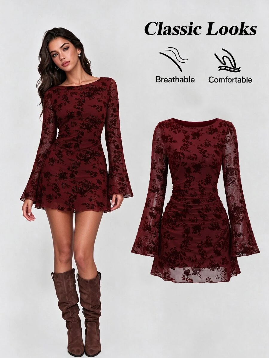 Sweetra Women Elegant Vintage Mesh Flocked Flared Long Sleeve Fitted Mini Dress Fall Cloth For Women - Burgundy - View 1