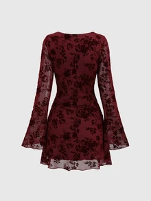 Sweetra Women Elegant Vintage Mesh Flocked Flared Long Sleeve Fitted Mini Dress Fall Cloth For Women - Burgundy - View 2