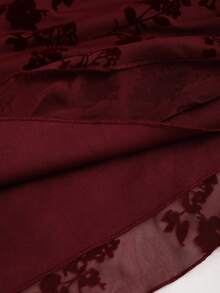 Sweetra Women Elegant Vintage Mesh Flocked Flared Long Sleeve Fitted Mini Dress Fall Cloth For Women - Burgundy - View 4