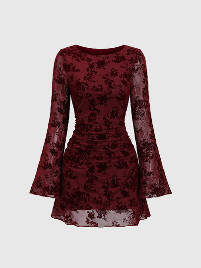Sweetra Elegante abito mini a maniche lunghe attillato, in stile vintage, in rete e con decorazioni floccate