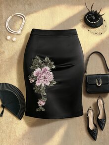 EastFlair Plus Size Women's Floral Embroidered Elegant Bodycon Skirt Cocktail Party Dinner Black Fall Fall/Winter Chinese Style New Year - Black - View 5