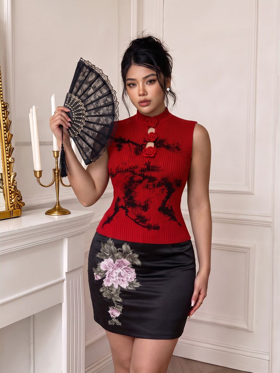 EastFlair Plus Size Women's Floral Embroidered Elegant Bodycon Skirt Cocktail Party Dinner Black Fall Fall/Winter Chinese Style New Year - Black - View 1