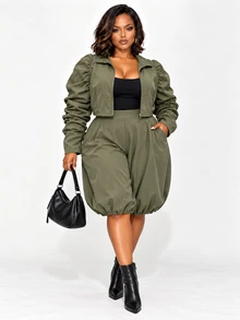 Poshavie Poshavie Women Plus Size Zip Up Ruched Long Sleeve Crop Jacket Bubble Hem Shorts Set, Casual Swaggy Fashion TwoPiece Outfit Going Out Beach Olive Green Fall - Green - View 4