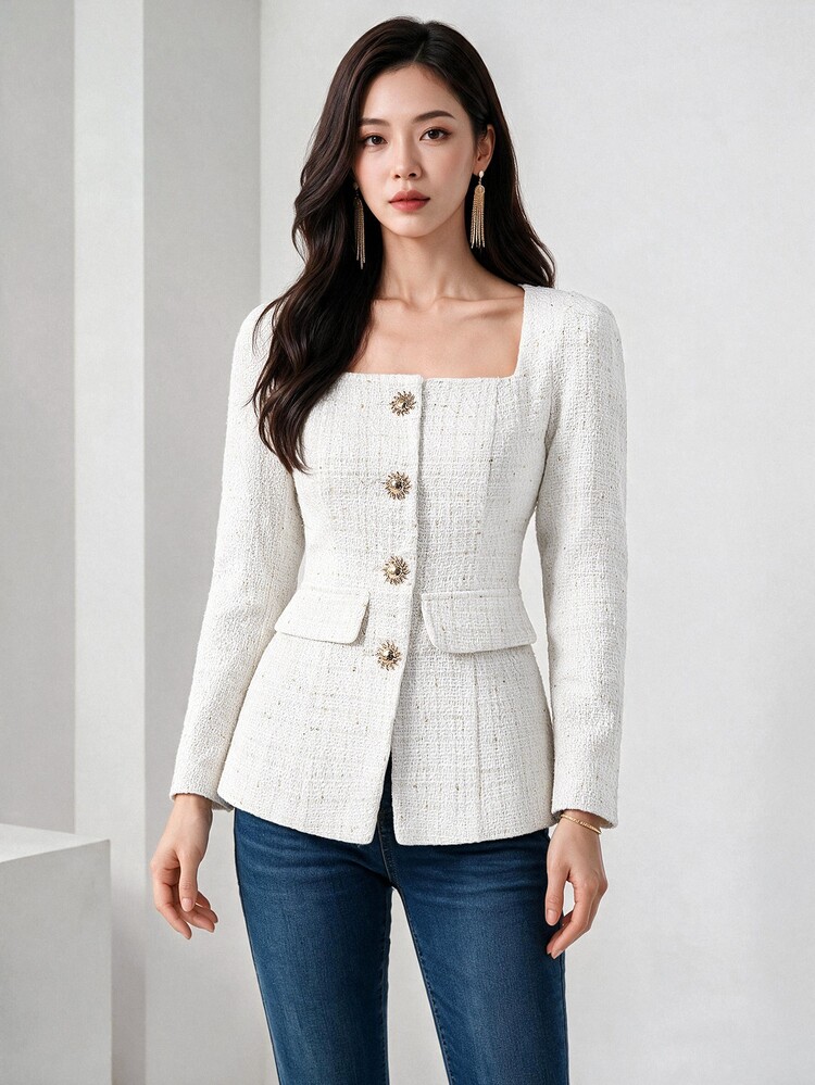Heiryn Chaqueta de tweed regular de manga larga con cuello cuadrado y decoración de botones de unicolor para mujer, otoño e invierno - Blanco - Añade 4
