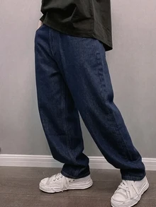 Colvenic 男士街頭風休閒深藍色牛仔長褲 - 深色水洗藍 - 查看 5