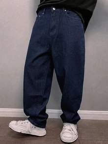 Colvenic 男士街頭風休閒深藍色牛仔長褲 - 深色水洗藍 - 查看 2