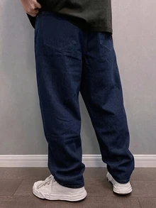 Colvenic 男士街頭風休閒深藍色牛仔長褲 - 深色水洗藍 - 查看 3