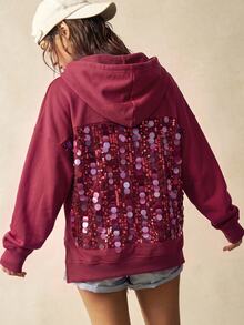Bohemela Women's Sequin Fashion Versatile Daily Casual Hooded Sweatshirt - Burgundy - View 10